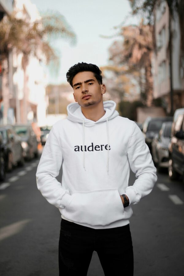Man wearing white hoodie